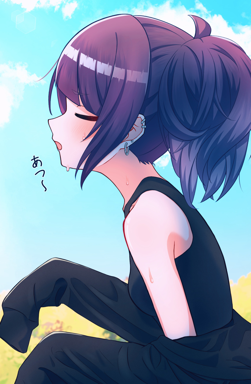 1girl, black_jacket, black_tank_top, blunt_bangs, blush, breasts, closed_eyes, commentary_request