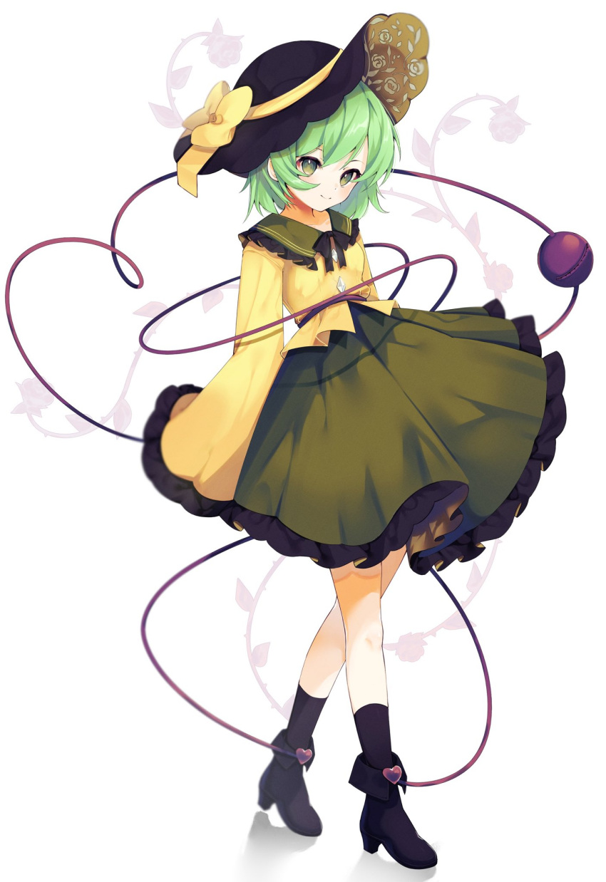 1girl, blush, boots, flower, frilled_skirt, frills, full_body, green_eyes