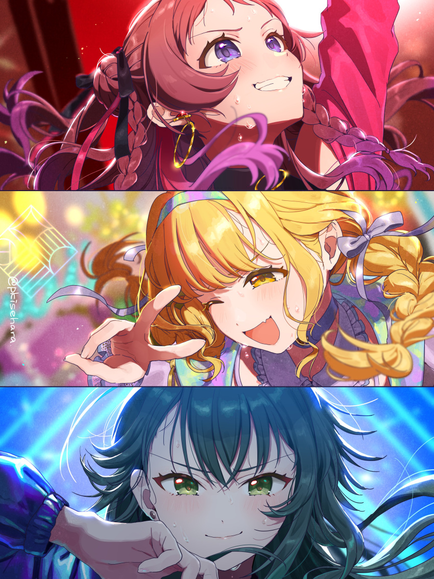 3girls, ;d, absurdres, blonde_hair, blush, braid, commentary_request, earrings
