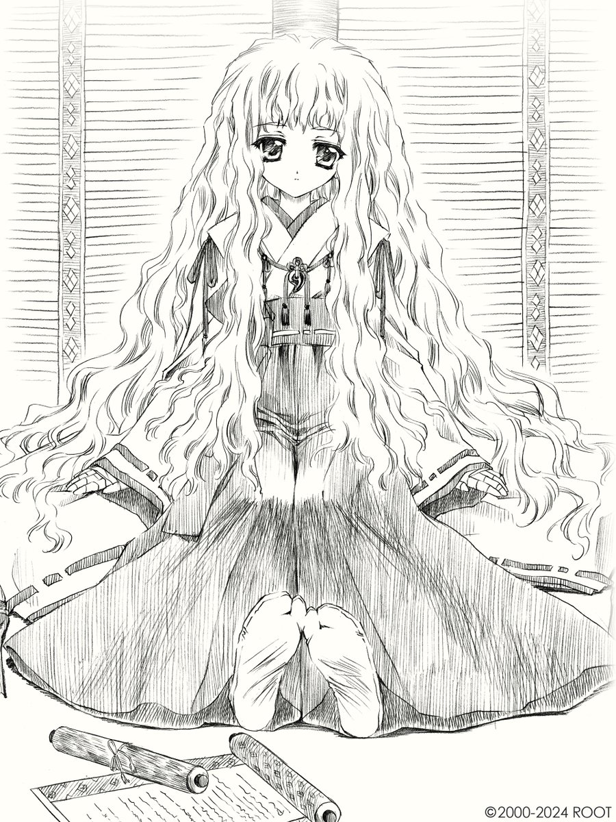 1girl, aged_down, carnelian, expressionless, full_body, greyscale, hakama, hakama_skirt