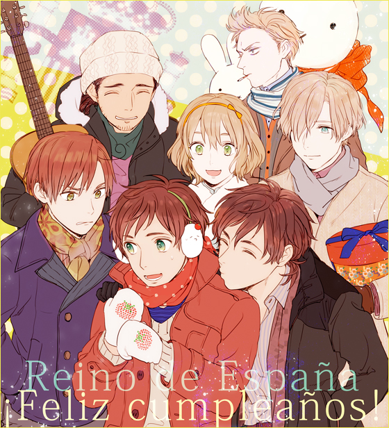1girl, 6+boys, axis_powers_hetalia, belgium_(hetalia), blonde_hair, blue_eyes, brown_hair, cigarette