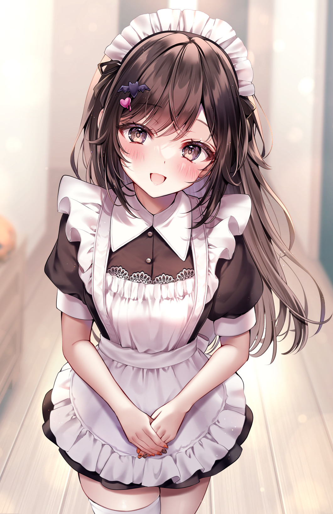 1girl, :d, apron, bat_hair_ornament, black_dress, black_nails, blurry, blurry_background