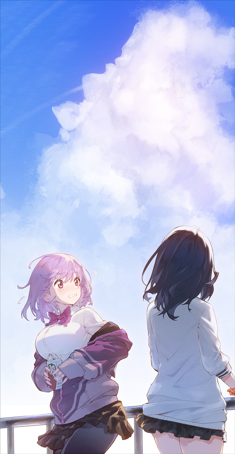2girls, black_hair, black_skirt, blue_sky, blush, bow, bowtie, breasts