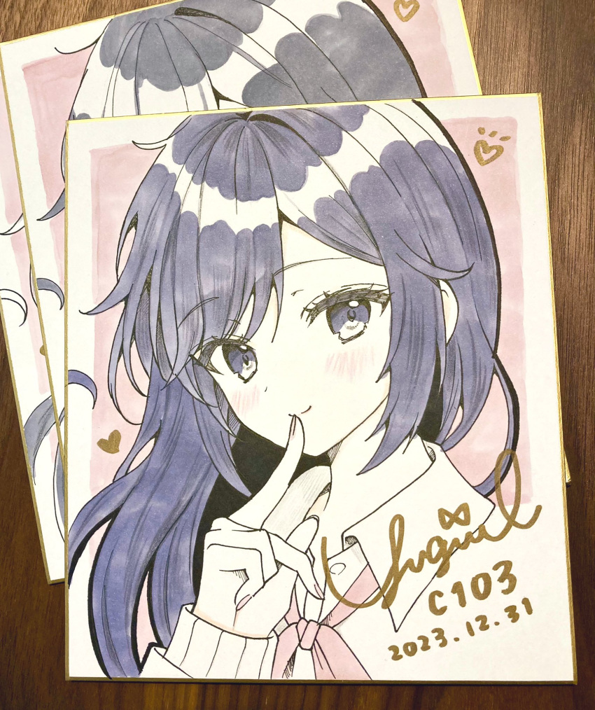 1girl, artist_name, azato_jk_(yugaa), blue_hair, blush, closed_mouth, collared_shirt, comiket_103