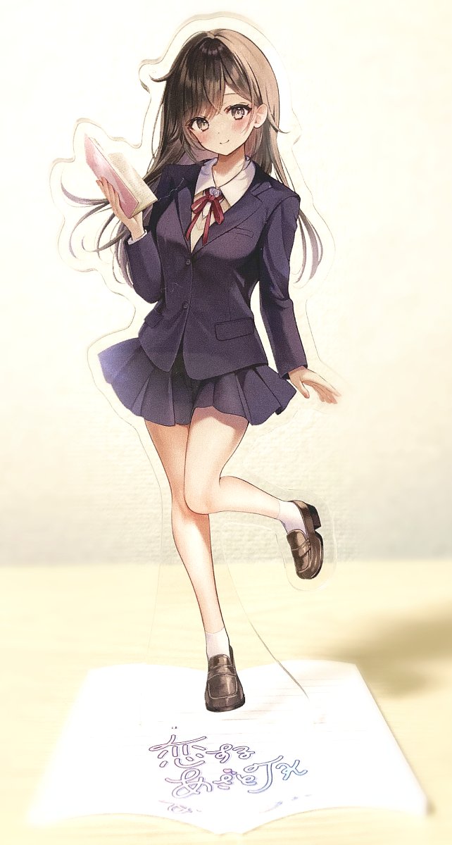 1girl, acrylic_stand, azato_jk_(yugaa), blazer, blue_jacket, blue_skirt, blush, book