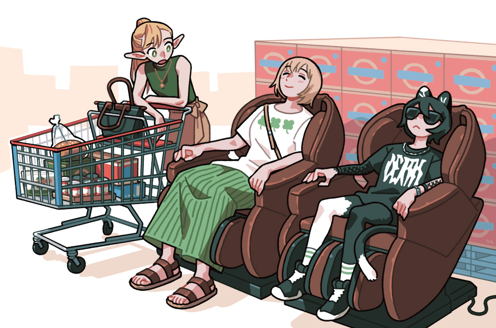 3girls, animal_ears, bare_shoulders, black_bag, black_hair, black_shirt, blonde_hair, box