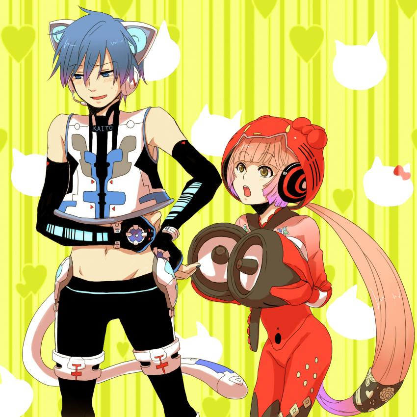 1boy, 1girl, age_difference, animal_ears, bodysuit, cat_ears, cat_tail, couple, creamyya, crop_top, detached_sleeves, hello_kitty, highres, kaito, male, neko_cyber, neko_cyber_(module), nekomimi, nekomura_iroha, project_diva, project_diva_(series), project_diva_2nd, sanrio, sweatdrop, tail, trait_connection, vocaloid