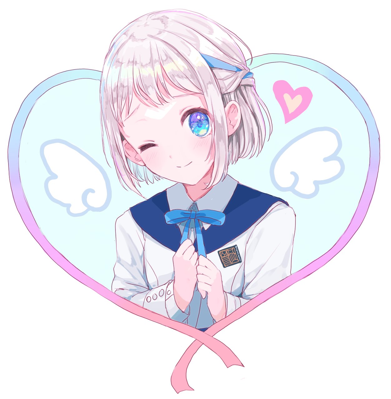 1girl, ;), blue_eyes, blue_ribbon, blush, commentary_request, gakuen_idolmaster, hair_ribbon, half_up_braid, hatsuboshi_gakuen_school_uniform, heart, highres, idolmaster, jacket, katsuragi_lilja, long_sleeves, looking_at_viewer, maru51, neck_ribbon, one_eye_closed, ribbon, ribbon_braid, school_uniform, shirt, short_hair, smile, solo, upper_body, white_jacket, white_shirt, white_wings, wings