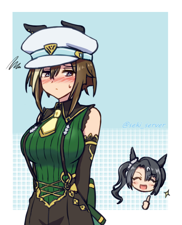 2girls, alternate_costume, animal_ears, blue_eyes, breasts, cheval_grand_(umamusume), closed_eyes, closed_mouth, cosplay, detached_sleeves, hair_between_eyes, hair_ornament, hat, horse_ears, horse_girl, horse_tail, looking_at_viewer, multiple_girls, satono_crown_(umamusume), satono_crown_(umamusume)_(cosplay), seki_(hyokosho), side_ponytail, sleeveless, sweat, tail, thumbs_up, twitter_username, umamusume