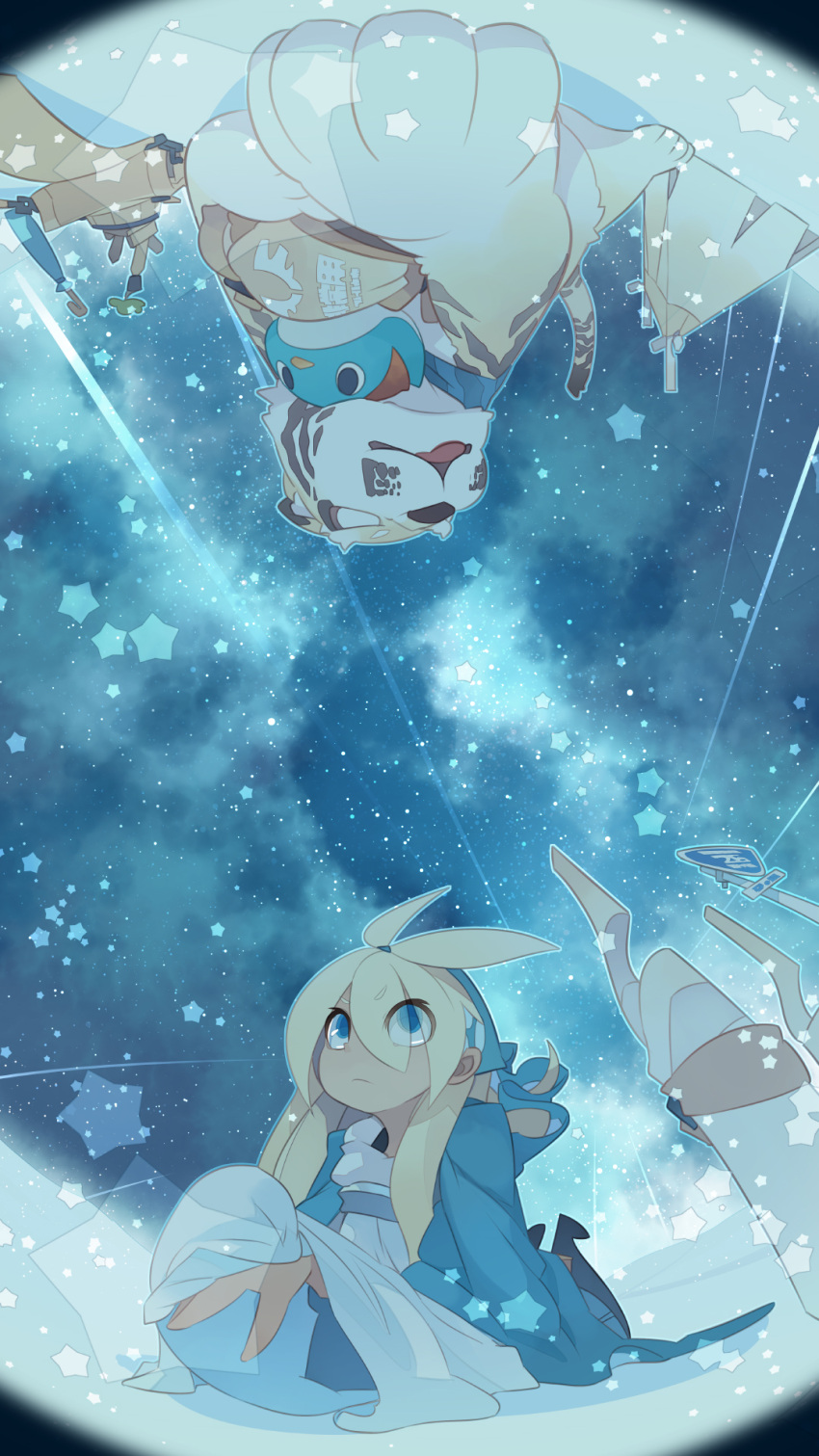 1girl, akitsu_taira, bird, black_pantyhose, blonde_hair, blue_bird_(akitsu_taira), blue_eyes, closed_mouth