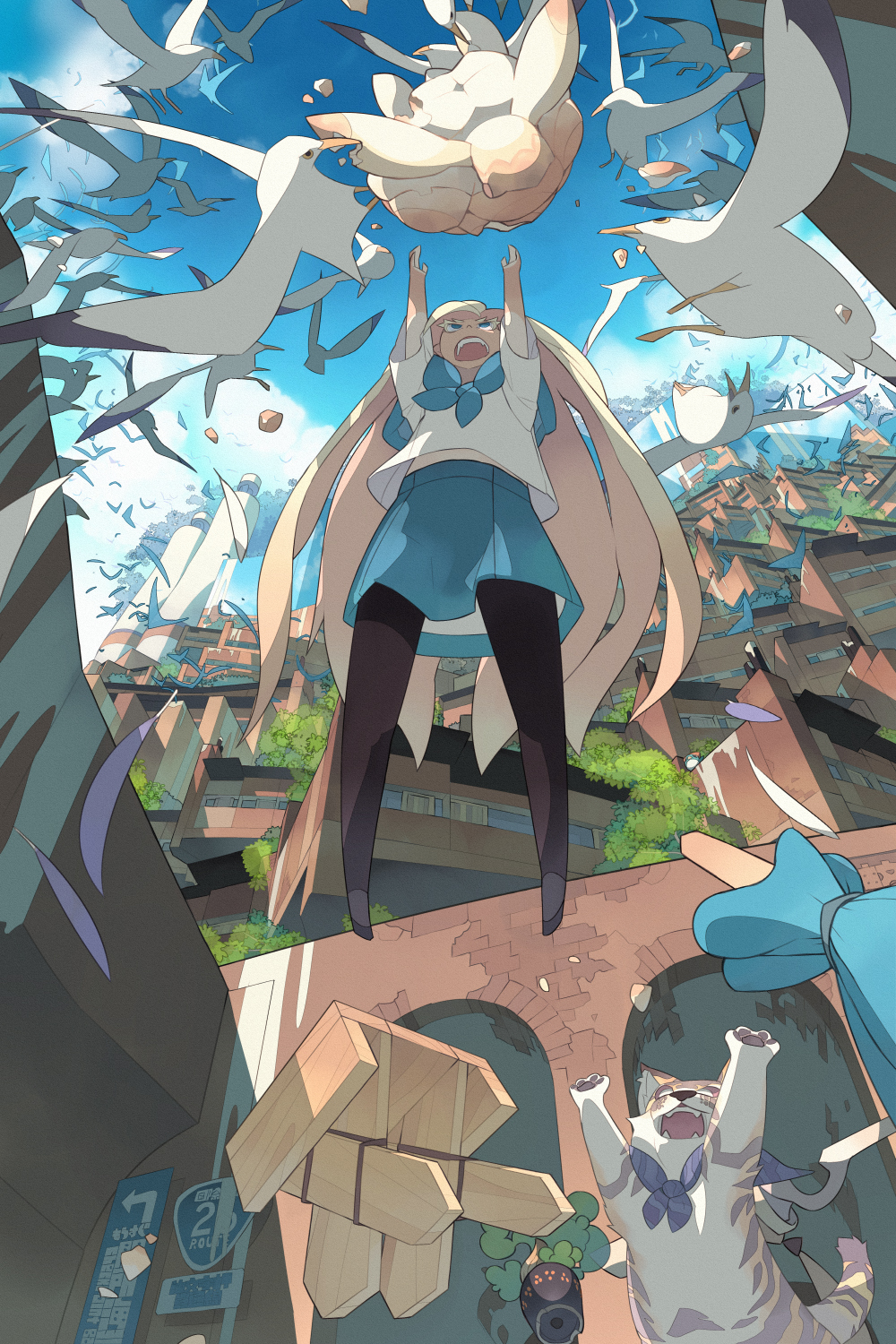 1girl, akitsu_taira, arms_up, black_pantyhose, blonde_hair, blue_bird_(akitsu_taira), blue_eyes, blue_sky
