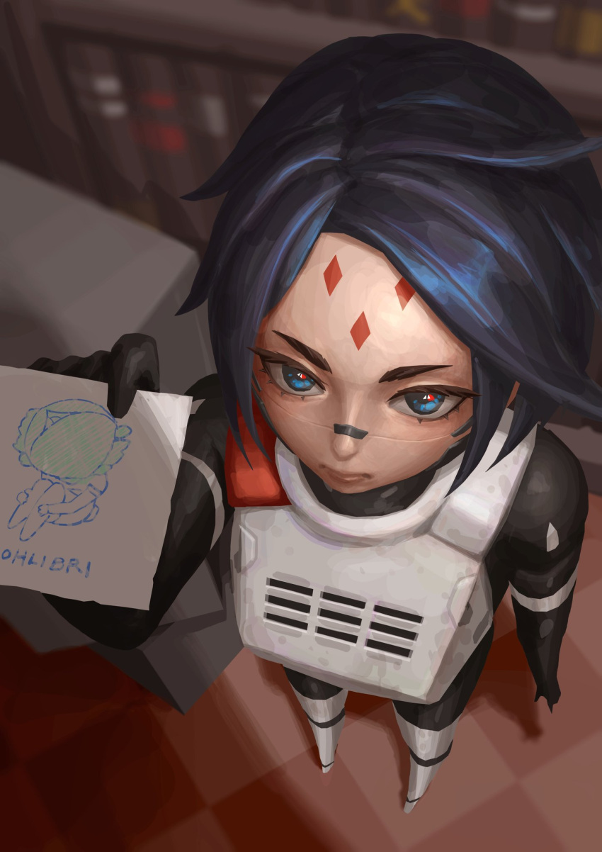 1girl, android, black_hair, blue_eyes, blurry, blurry_background, character_name, drawing_(object)