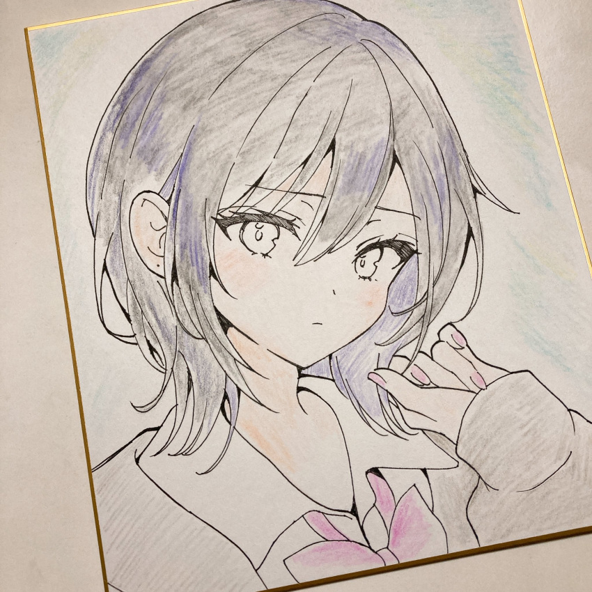 1girl, azato_jk's_sister_(yugaa), black_hair, bow, bowtie, colored_inner_hair, colored_pencil_(medium), commentary_request, expressionless, highres, long_sleeves, looking_at_viewer, multicolored_hair, original, photo_(medium), pink_bow, pink_bowtie, portrait, purple_hair, school_uniform, shikishi, sleeves_past_wrists, solo, streaked_hair, traditional_media, unfinished, yugaa