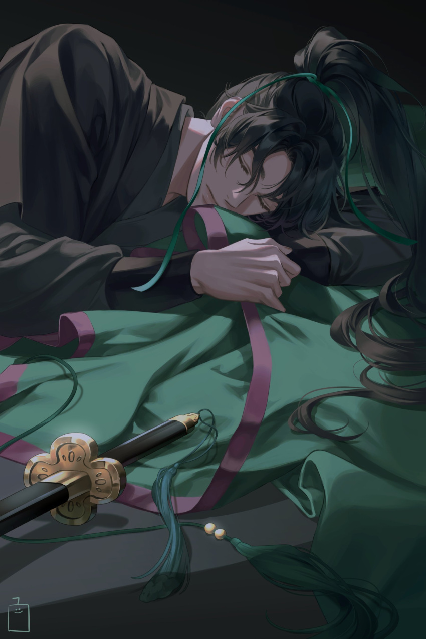 1boy, absurdres, black_hair, black_hanbok, chungmyung, closed_eyes, closed_mouth, duyu_(07040613)