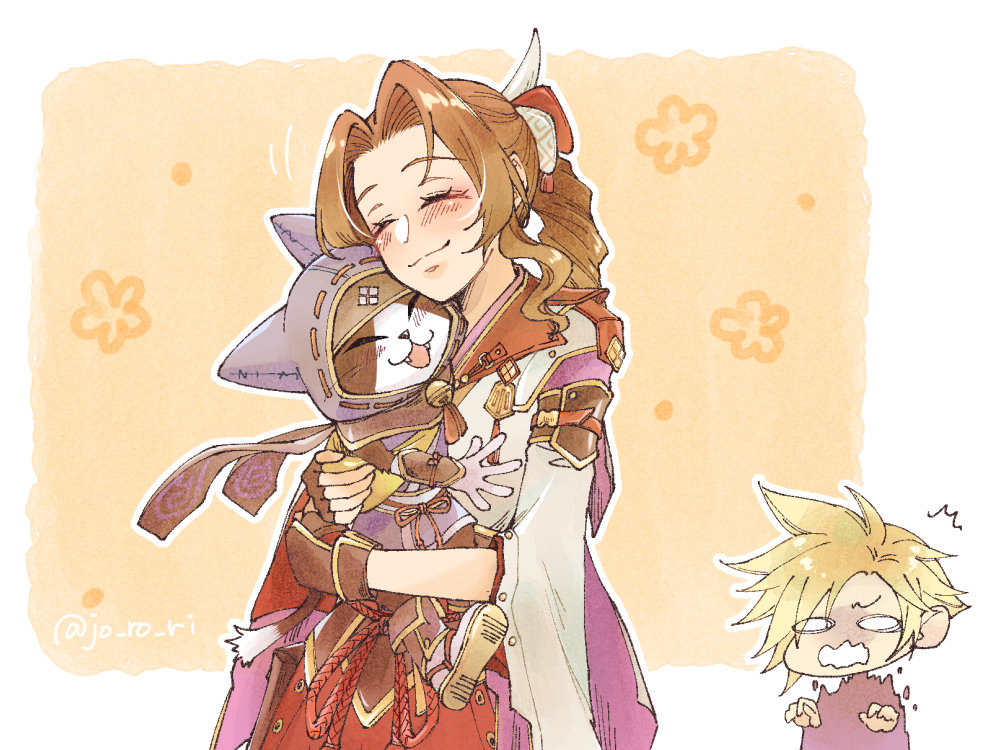1boy, 1girl, aerith_gainsborough, aerith_gainsborough_(kamura_dress), animal, animal_hood, armor, black_gloves