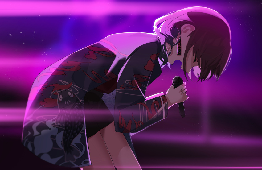 1girl, absurdres, black_shorts, closed_eyes, commentary, earrings, from_side, girls_band_cry