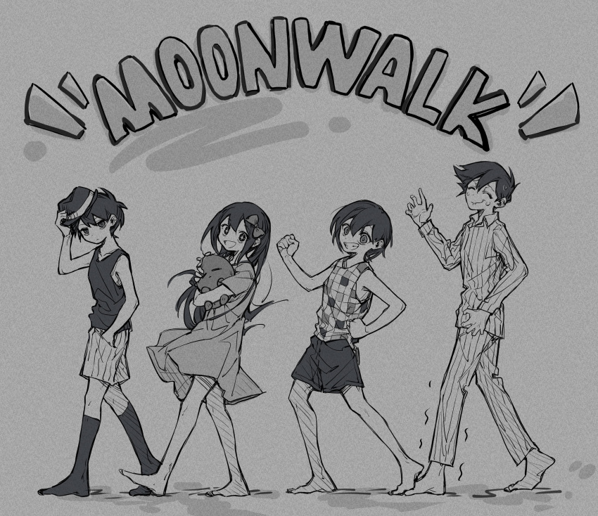 1girl, 3boys, absurdres, aubrey_(headspace)_(omori), aubrey_(omori), barefoot, bow, closed_mouth