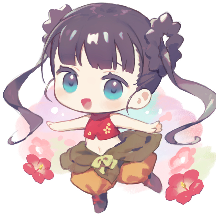 1girl, black_hair, blue_eyes, blush, chibi, crop_top, flat_chest, flower, full_body, hair_rings, highres, long_hair, looking_at_viewer, monk_(sekaiju), monk_2_(sekaiju), mya-zawa, navel, open_mouth, outstretched_arms, pants, red_flower, sekaiju_no_meikyuu, sekaiju_no_meikyuu_3, smile, solo, spread_arms, twintails
