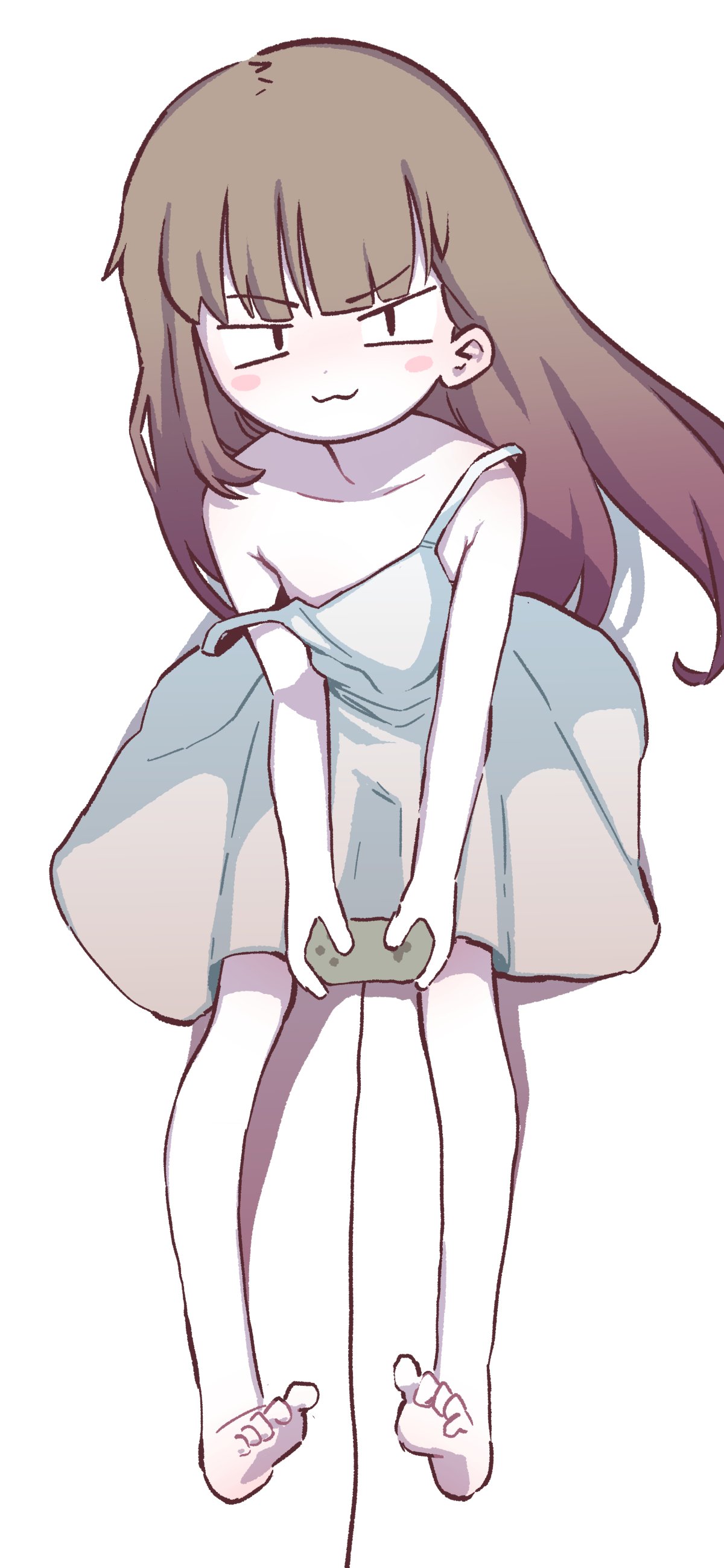 1girl, :3, absurdres, blunt_bangs, blush_stickers, brown_hair, child_gf_(orenji), controller