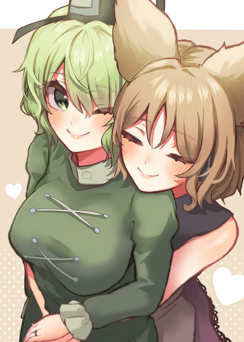 2girls, ;), absurdres, black_hat, blush, breasts, brown_background, brown_hair