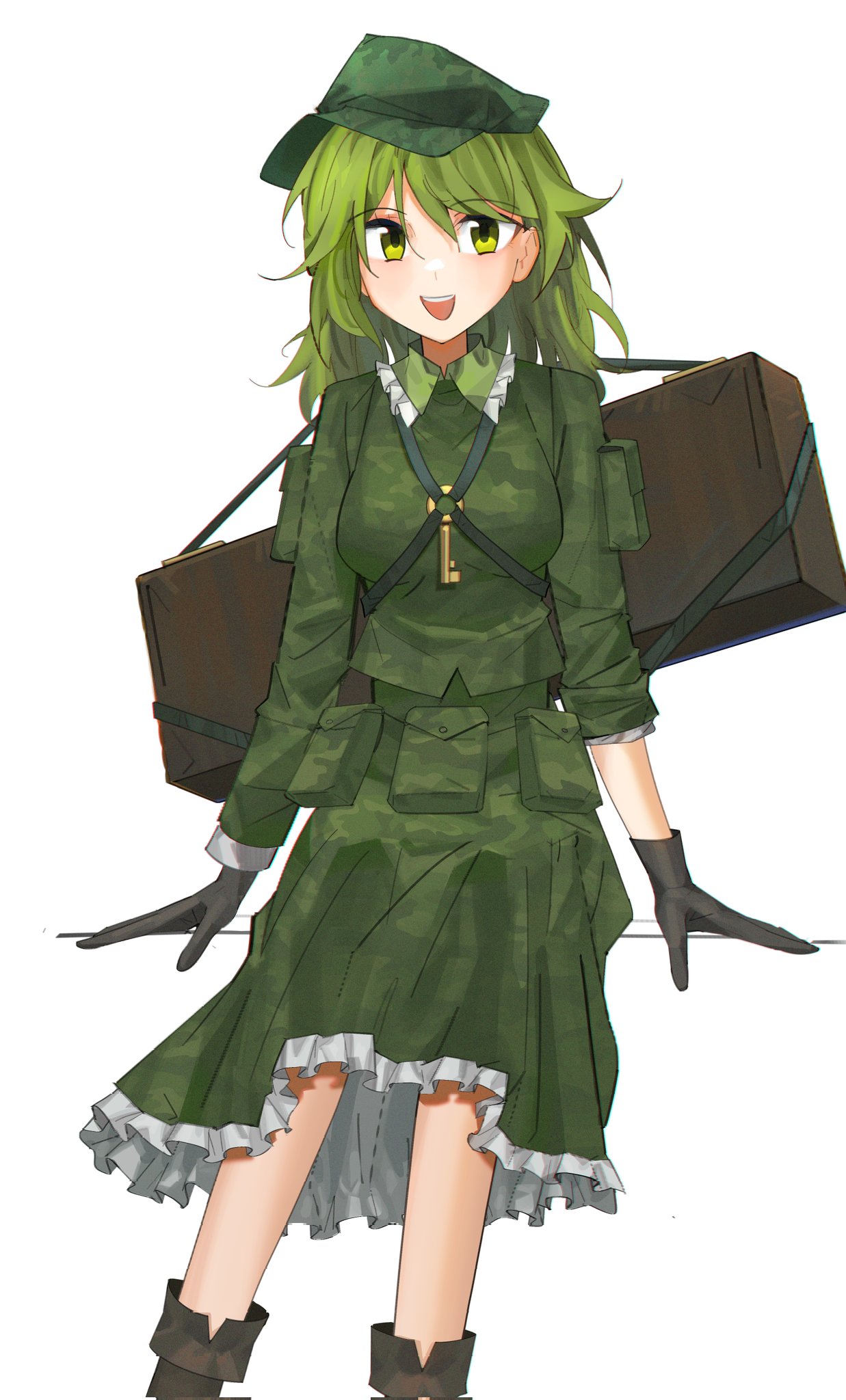 1girl, :d, aesur_a, box, feet_out_of_frame, flat_cap, gloves, green_eyes