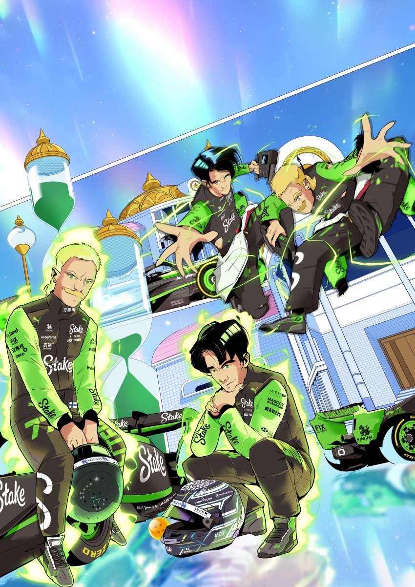 2boys, absurdres, black_eyes, black_footwear, black_hair, black_helmet, black_jumpsuit, blonde_hair