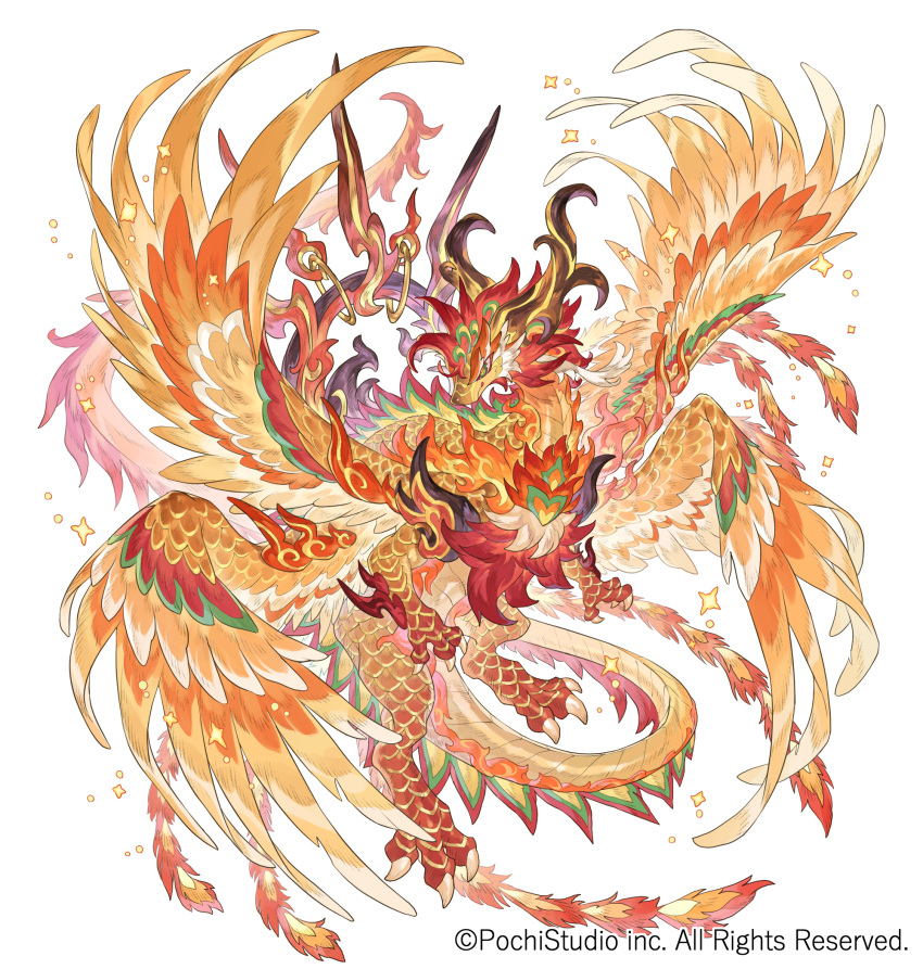 7nin_no_kenja_to_renkinjutsushi, animal_focus, claws, company_name, feathered_wings, full_body, green_eyes, highres