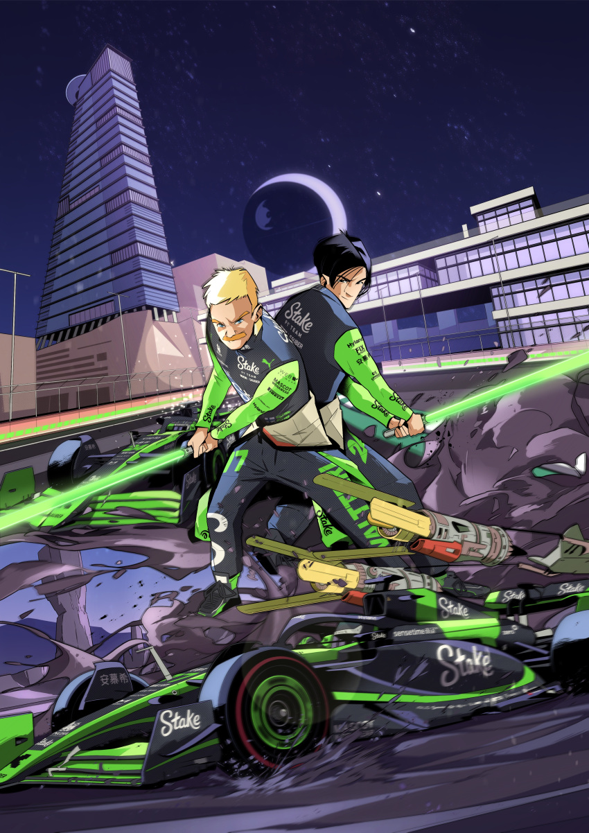 absurdres, black_car, black_eyes, black_hair, black_jumpsuit, black_shirt, blonde_hair, blue_eyes