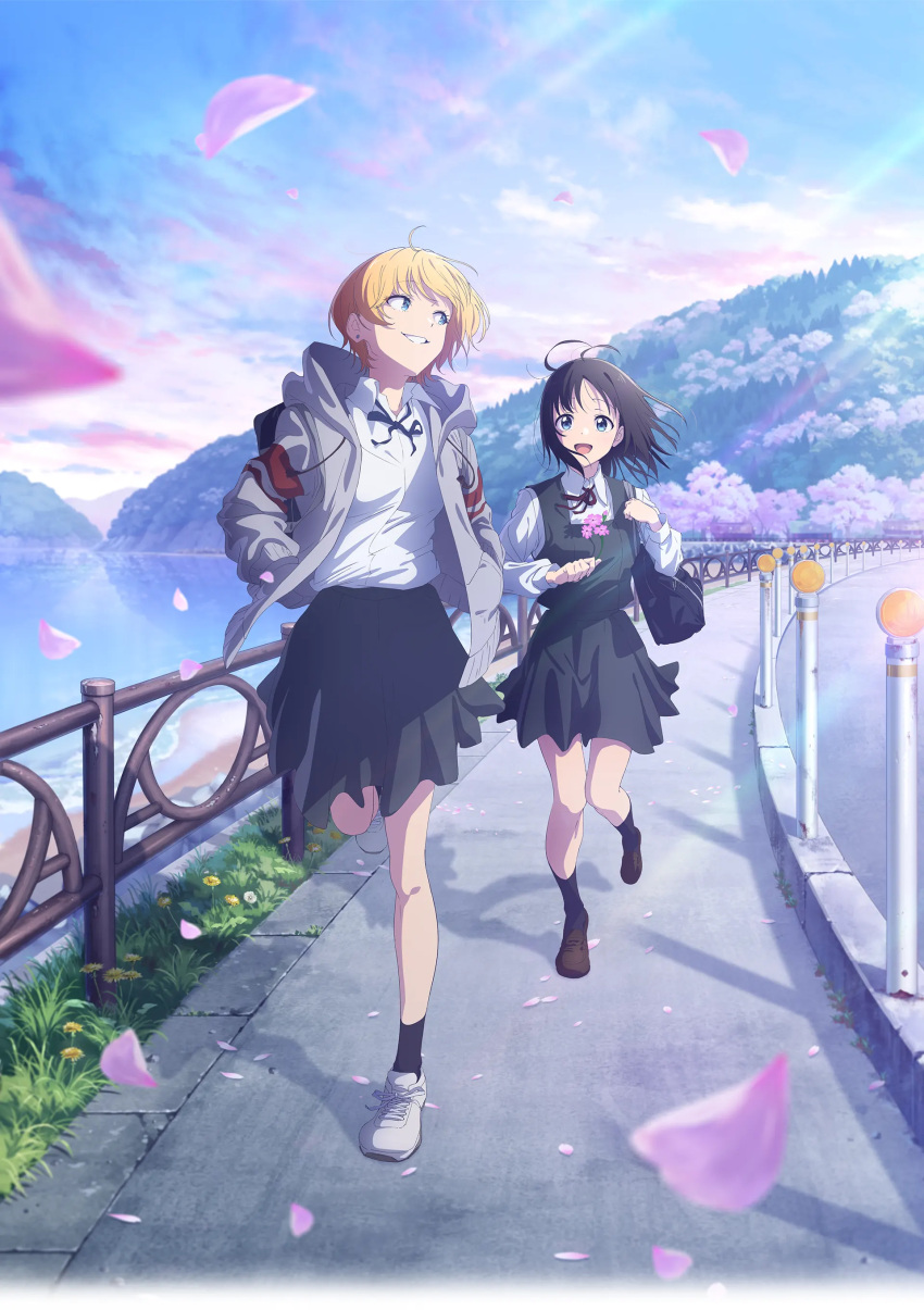 2girls, absurdres, ahoge, bag, black_hair, black_shirt, black_socks, black_vest