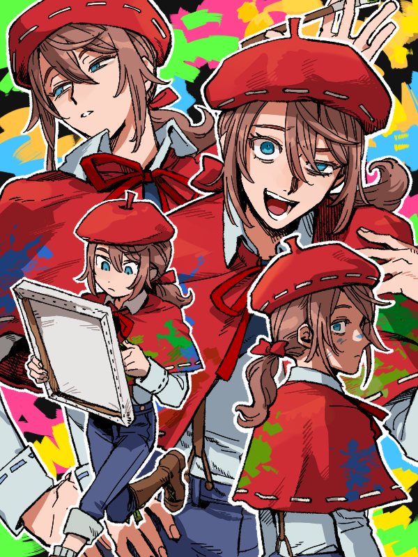 1boy, beret, blue_eyes, blue_pants, boots, bow, brown_footwear, brown_hair