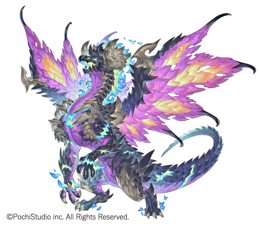 7nin_no_kenja_to_renkinjutsushi, animal_focus, claws, company_name, copyright_notice, curled_horns, dragon, extra_eyes