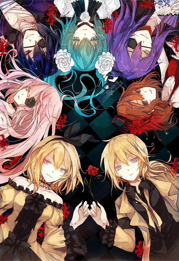 aqua_hair, bad_id, blonde_hair, blue_eyes, blue_hair, brown_hair, eyepatch, flower, frills, green_hair, hair_flower, hair_ornament, hair_ribbon, hatsune_miku, kagamine_len, kagamine_rin, kaito, kamui_gakupo, long_hair, megurine_luka, meiko, neyti, pink_hair, red_eyes, red_rose, ribbon, rose, shion_taito, short_hair, smile, spider_lily, taito_(vocaloid), twintails, vocaloid, white_rose