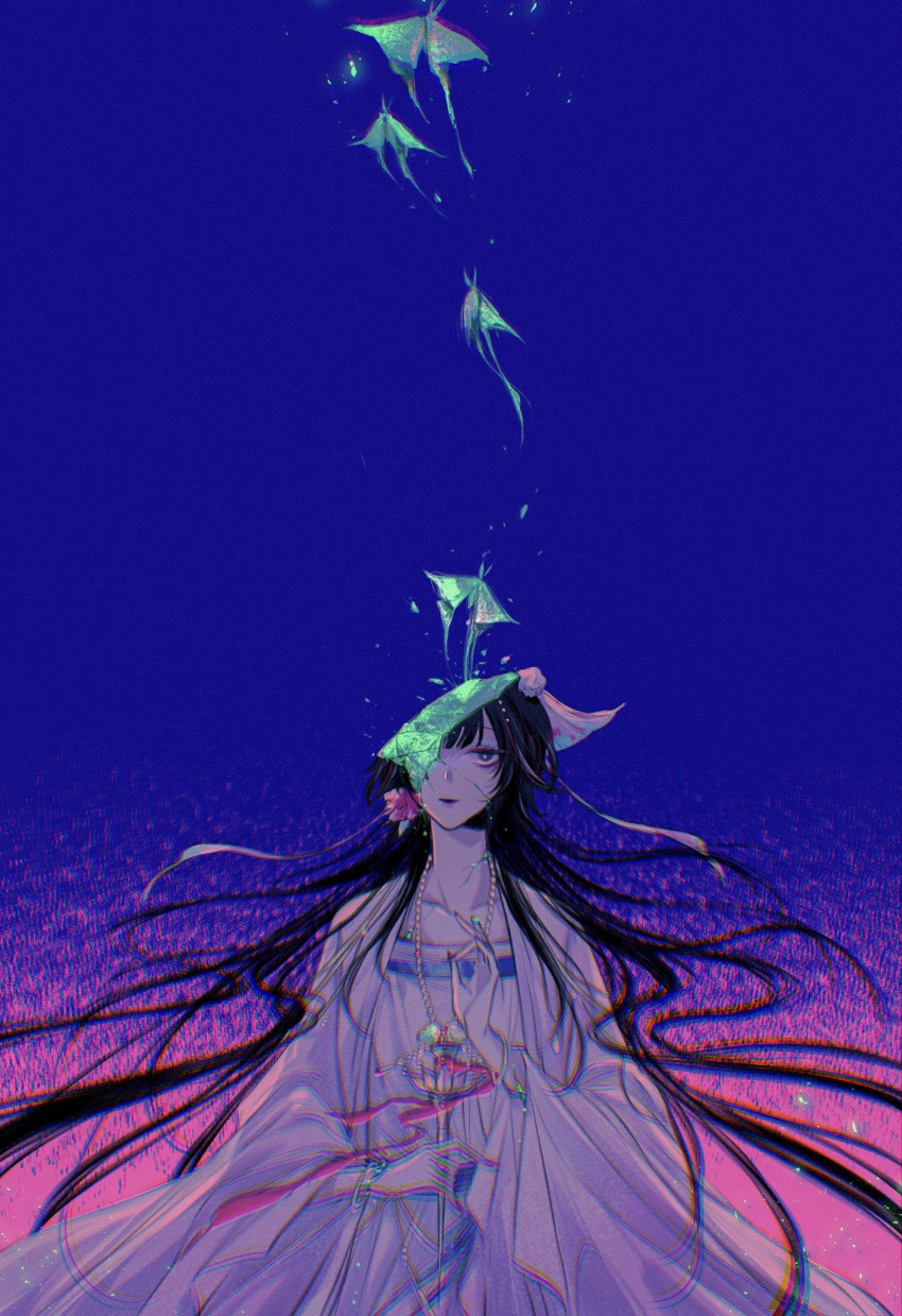 1girl, black_hair, blue_background, blue_eyes, bracelet, broken_statue, bug, butterfly