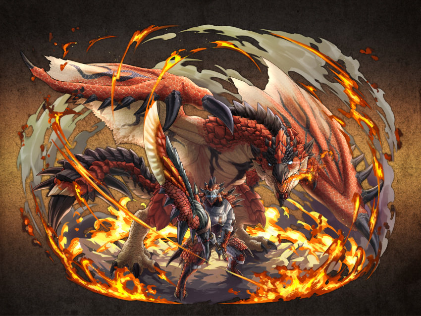 1boy, armor, blue_eyes, boots, breath_weapon, breathing_fire, dragon, fire