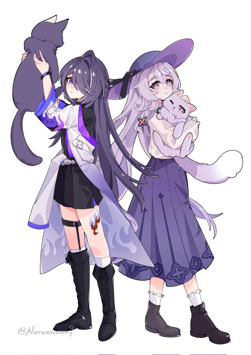 2girls, acheron_(honkai:_star_rail), black_footwear, black_shirt, black_shorts, black_swan_(honkai:_star_rail), brown_footwear, cat, child, coat, full_body, hat, highres, leg_tattoo, legs, long_hair, multicolored_eyes, multiple_girls, naruuuuuu9, pink_cat, pink_hair, purple_cat, purple_hair, purple_skirt, shirt, shorts, signature, skirt, socks, sun_hat, tattoo, twitter_username, violet_eyes, white_background, white_coat, white_shirt, white_socks