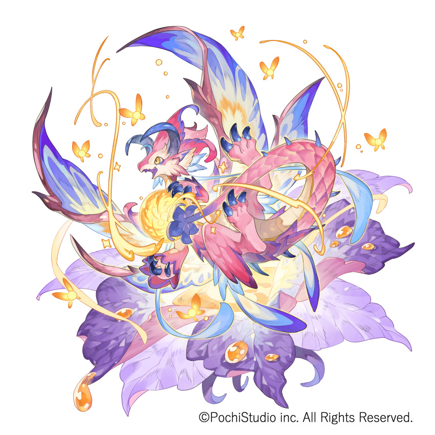 7nin_no_kenja_to_renkinjutsushi, animal_focus, blue_horns, bug, butterfly, claws, colored_tongue, company_name
