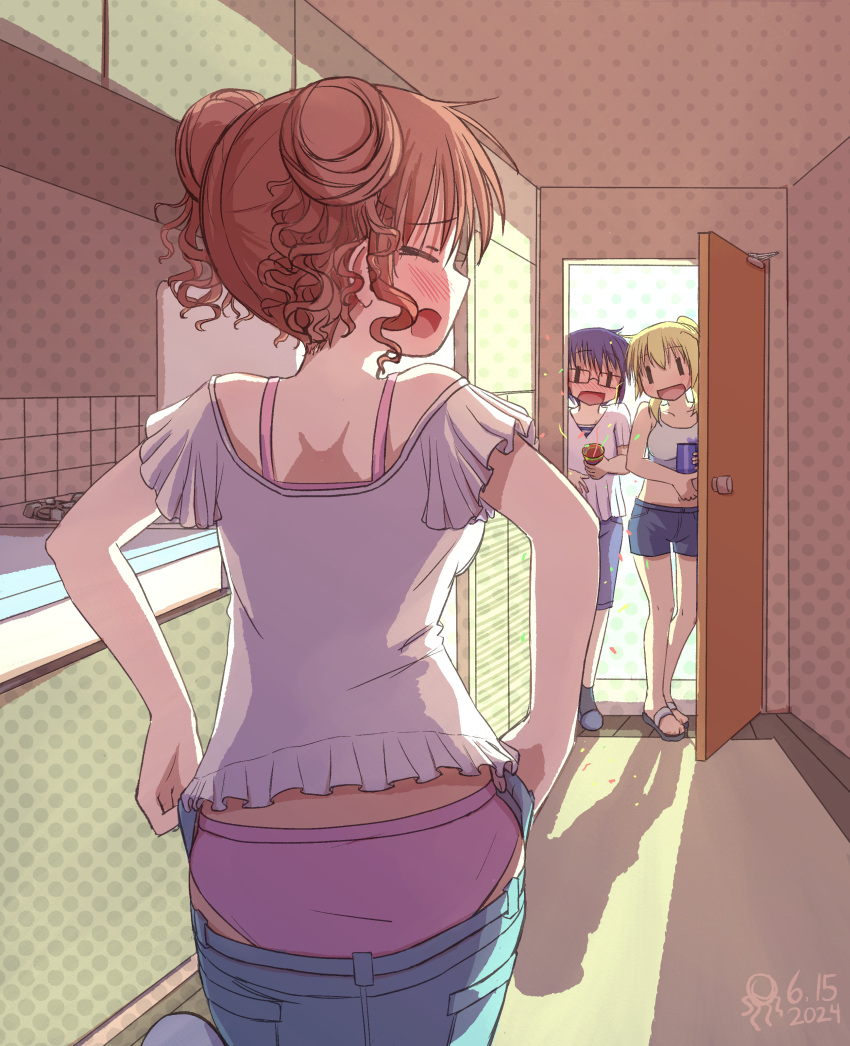 3girls, absurdres, apartment, ass, blue_hair, double_bun, glasses, hair_bun