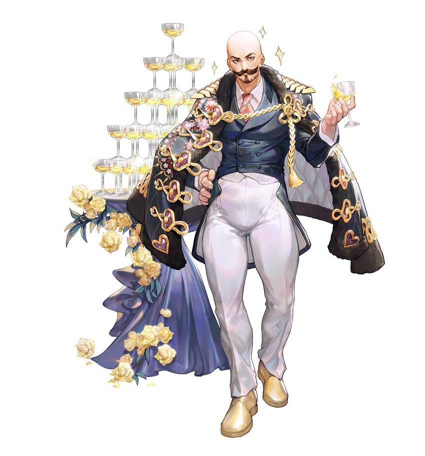 1boy, bald, beard, black_coat, brown_eyes, champagne_tower, character_request, chinese_commentary