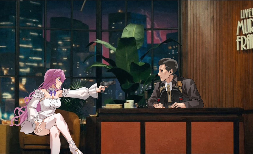 1boy, 1girl, batman_(series), breasts, brown_jacket, collared_shirt, crossed_legs, dc_comics