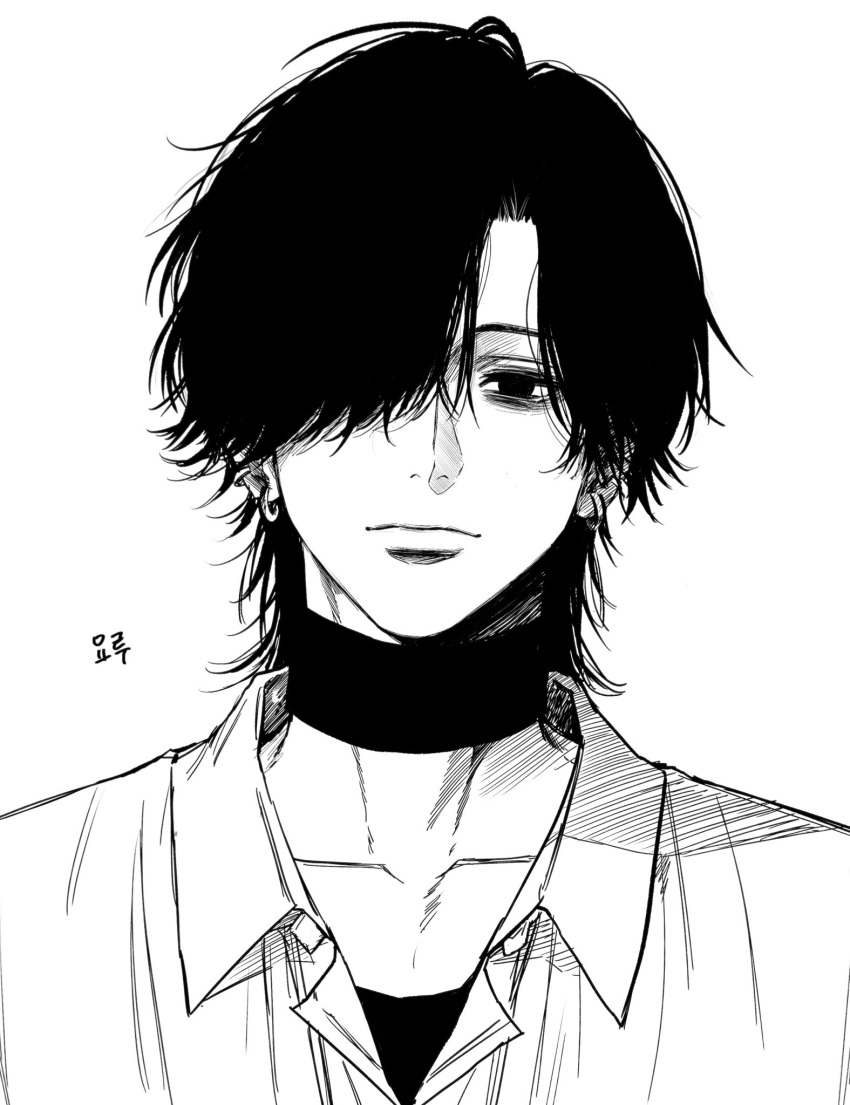 1boy, bags_under_eyes, choker, closed_mouth, collarbone, collared_shirt, earrings, gokurakugai, greyscale, hair_over_one_eye, highres, jewelry, looking_at_viewer, male_focus, medium_hair, monochrome, shirt, simple_background, smile, solo, sso_s, upper_body, yoru_(gokurakugai)