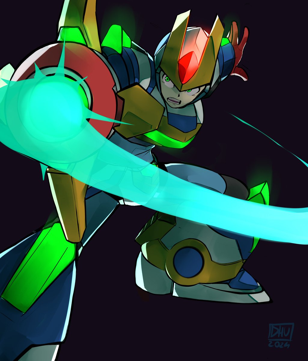 1boy, android, arm_cannon, armor, black_background, blade_arm, blade_armor_x_(mega_man), danyhu16