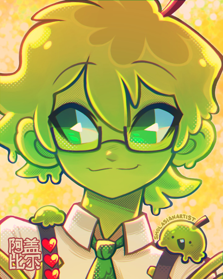 1boy, abstract_background, creature, dream_smp, eyes_visible_through_hair, glasses, green_eyes, green_hair, green_theme, heart, minecraft_youtube, monster_boy, necktie, shirt, slime_(creature), slime_(substance), slime_boy, slimecicle, smile, smolasianartist, suspenders