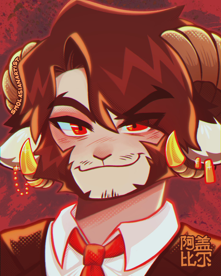 1boy, abstract_background, animal_ears, beard, blush, brown_hair, dream_smp, earrings, eyes_visible_through_hair, facial_hair, horn_ornament, horns, jewelry, jschlatt, male_focus, minecraft_youtube, necktie, red_eyes, red_theme, sheep_boy, sheep_ears, sheep_horns, smile, smolasianartist, solo, suit, watermark