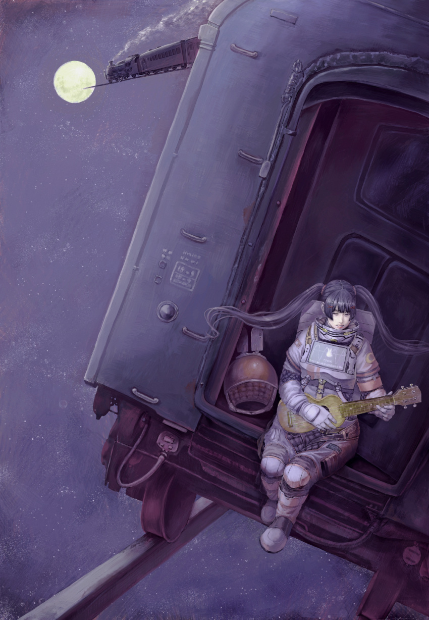 acoustic_guitar, astronaut, full_moon, guitar, helmet, highres, instrument, locomotive, moon, nijisanji, playing_guitar, railroad_tracks, sitting, space, space_helmet, space_train, spacesuit, steam_locomotive, takuma_takeda, train, tsukino_mito, tsukino_mito_(16th_costume), twintails, unworn_headwear, unworn_helmet