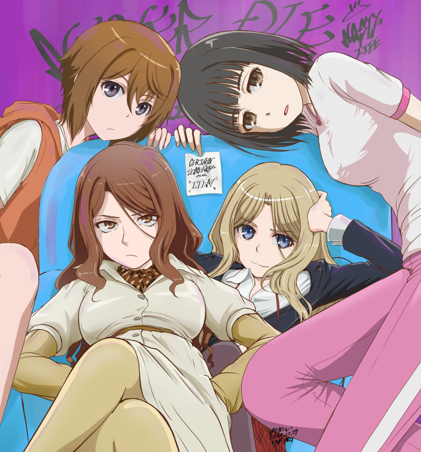 4girls, blue_eyes, blunt_bangs, breasts, brown_eyes, brown_hair, chair, commentary_request