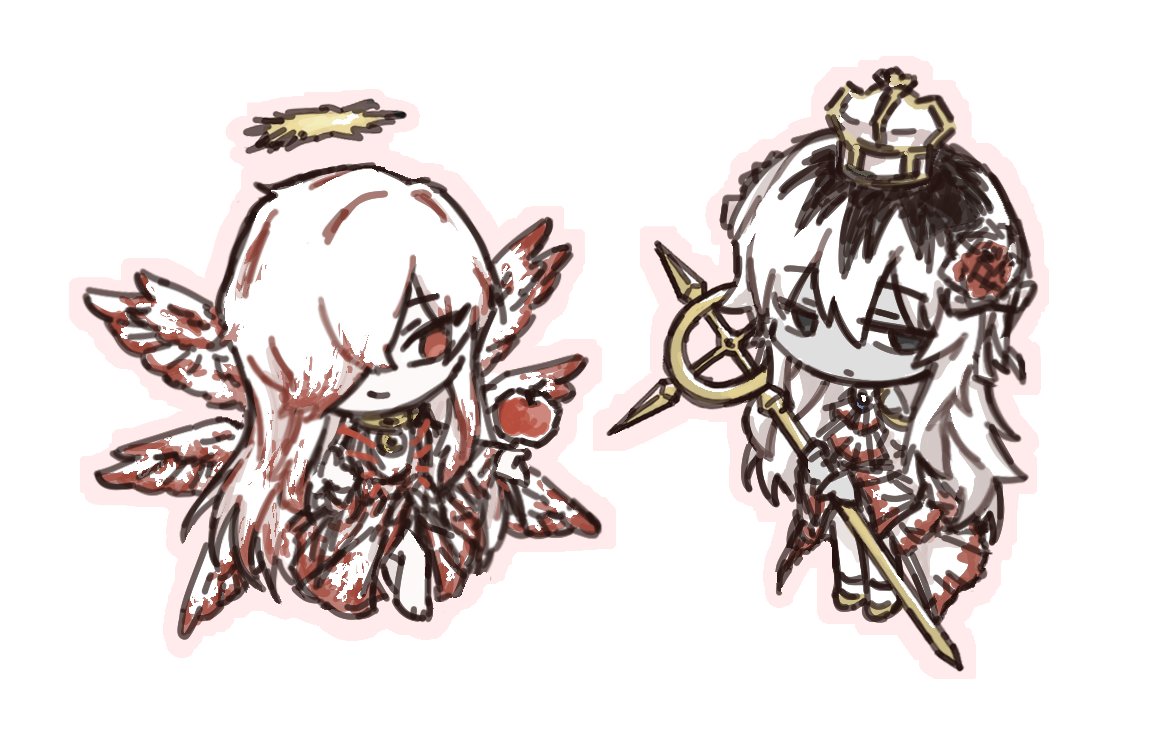 1boy, 1girl, angela_(project_moon), black_eyes, black_hair, blood, blood_in_hair, closed_mouth, crown, dress, e.g.o_(project_moon), full_body, halo, holding, holding_staff, library_of_ruina, long_hair, multicolored_hair, ozma_(project_moon), project_moon, red_eyes, roland_(project_moon), shoes, sidelocks, simple_background, smile, staff, streaked_hair, wendkwo2nwmks, white_background, white_dress, white_hair, whitenight_(project_moon), yellow_footwear