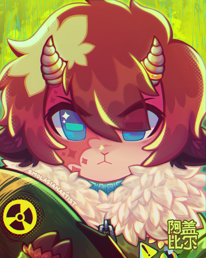 1boy, abstract_background, animal_hands, brown_hair, dream_smp, fur_jacket, goat_boy, goat_horns