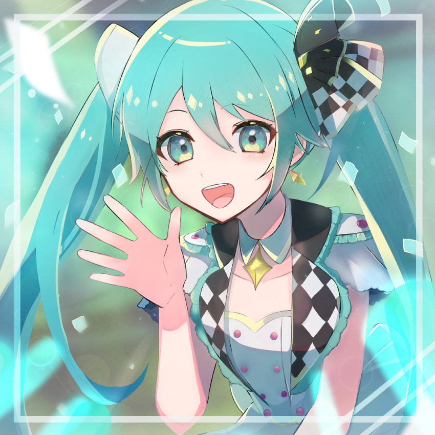 1girl, :d, aqua_background, aqua_collar, aqua_eyes, aqua_hair, aqua_trim, brooch