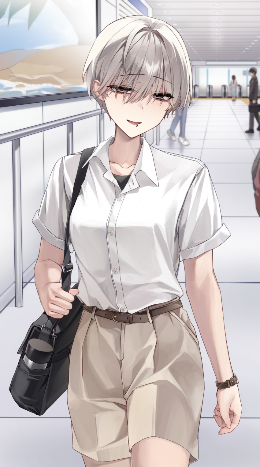 1girl, bag, belt, breasts, brown_shorts, commentary, grey_eyes, grey_hair