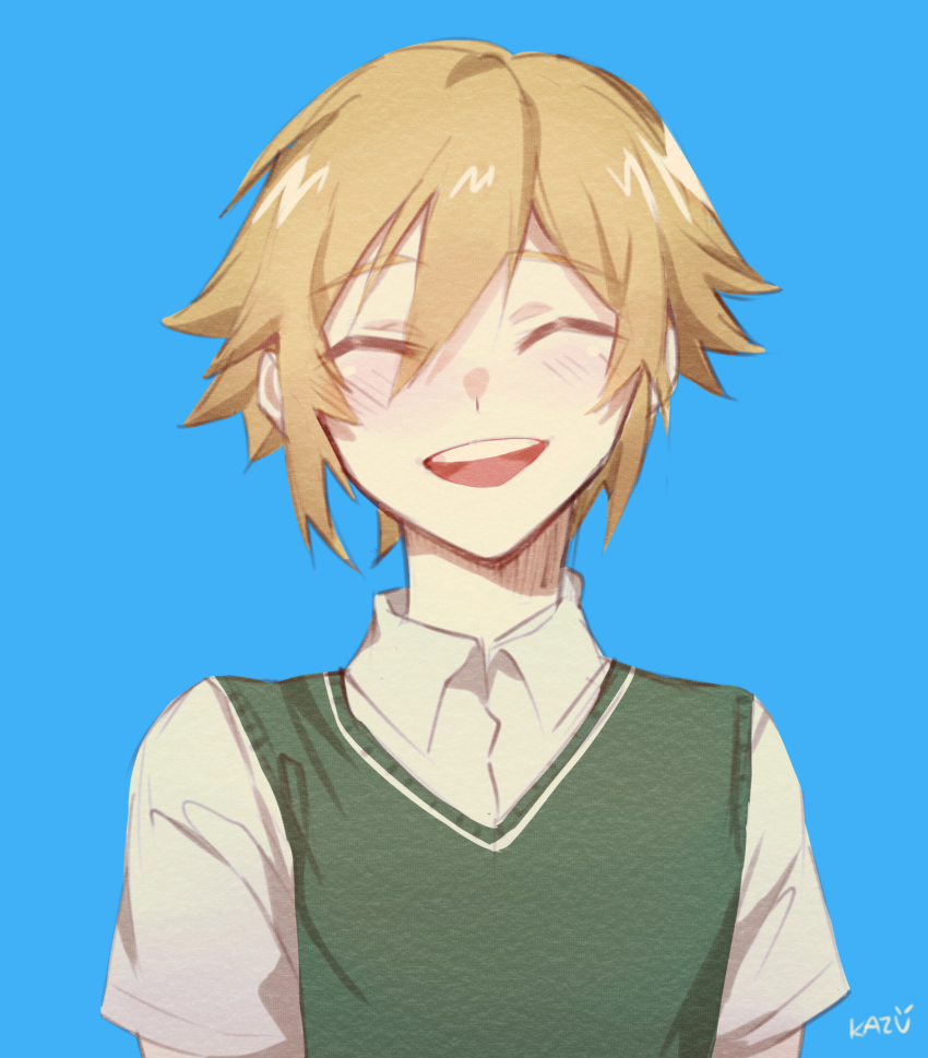 1boy, ^_^, arms_at_sides, artist_name, basil_(faraway)_(omori), basil_(omori), blonde_hair, blue_background
